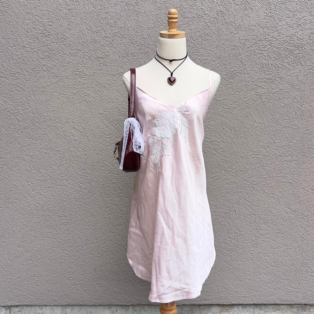 Vintage Y2K Baby Pink Floral Slip Dress Lingerie Nightgown Size Large Preppy